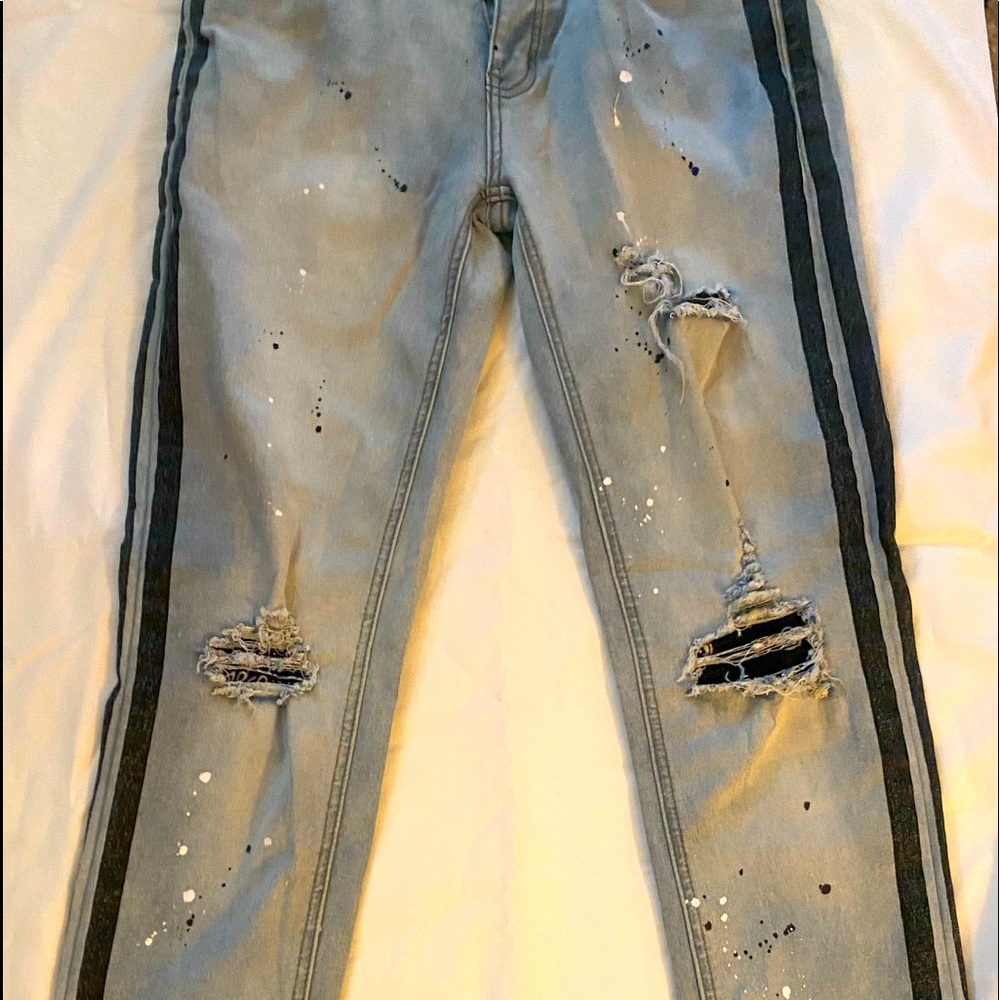 BooHoo Mens striped & paint splatter Jeans